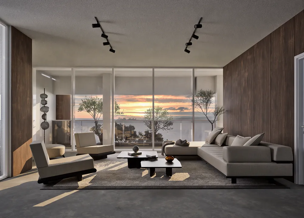 Photorealistic render interior: Green Horizon, living room