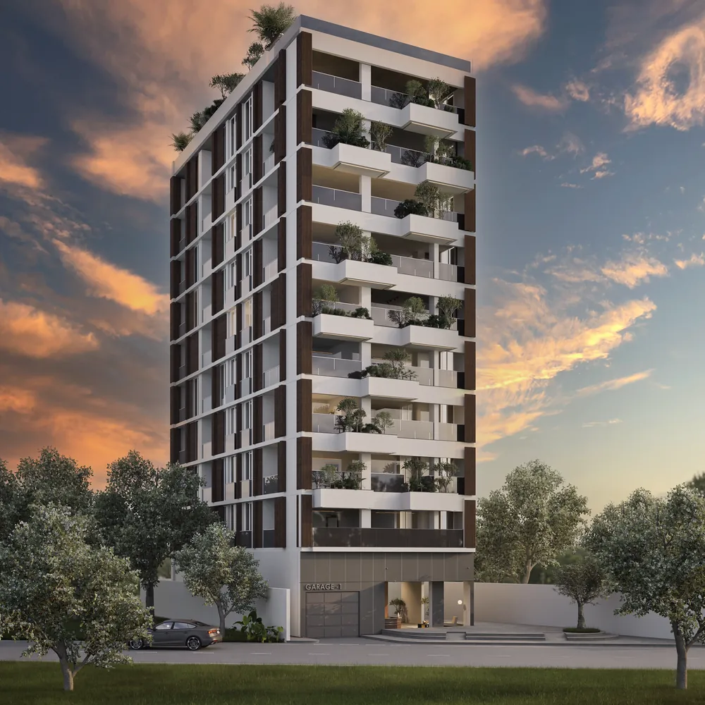 Photorealistic render exterior: Green Horizon, residential tower at sunset