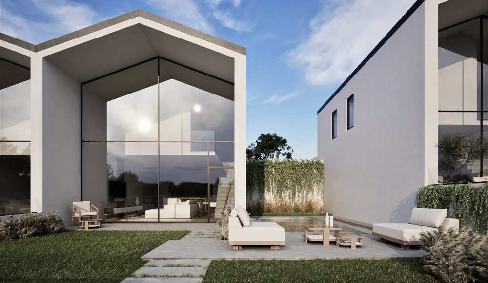 Photorealistic render exterior: Tiny Houses, private courtyard