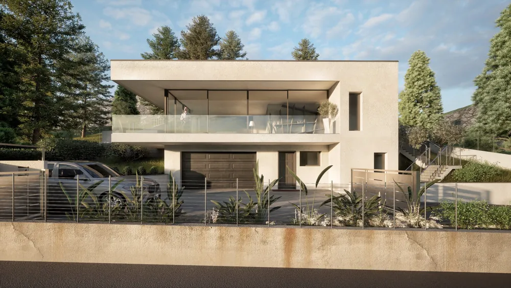Photorealistic render exterior: Single-family villa, front view