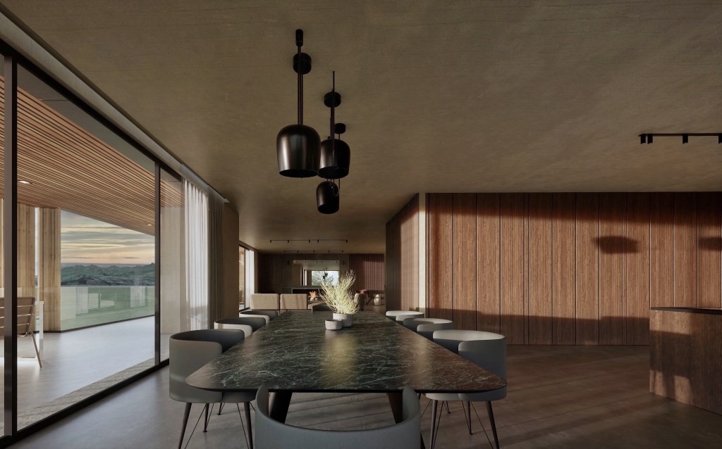 Render sala pranzo con lampada Flos Aim