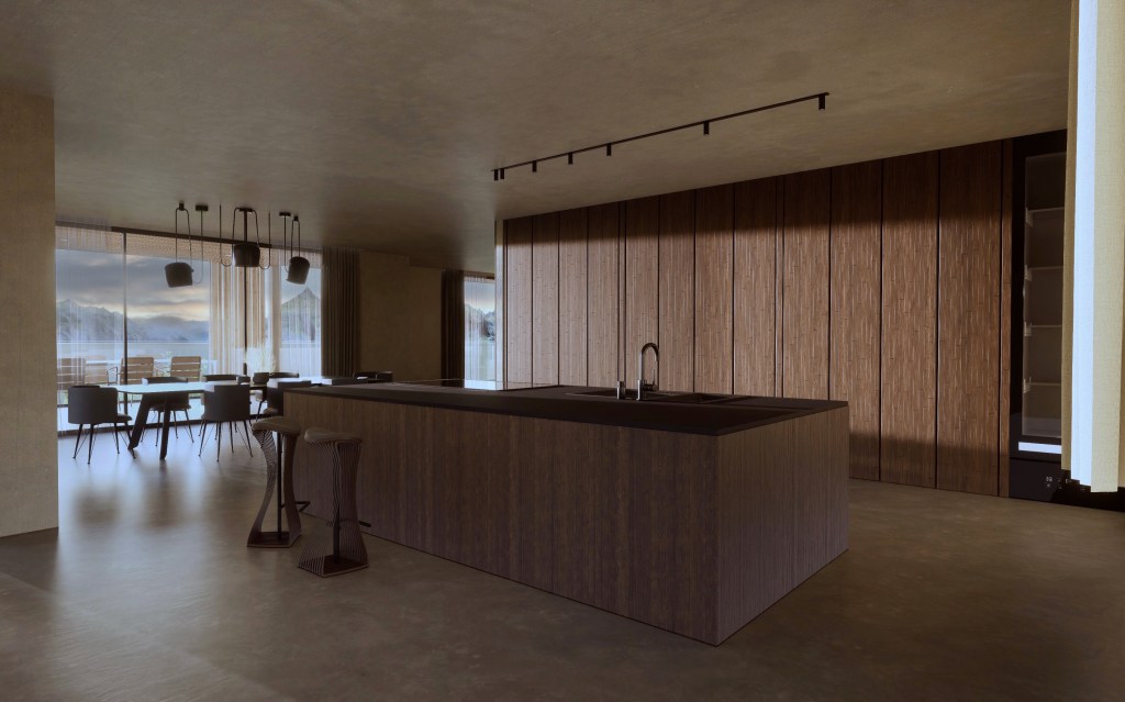 Render cucina ad incasso con lampada Flos Aim